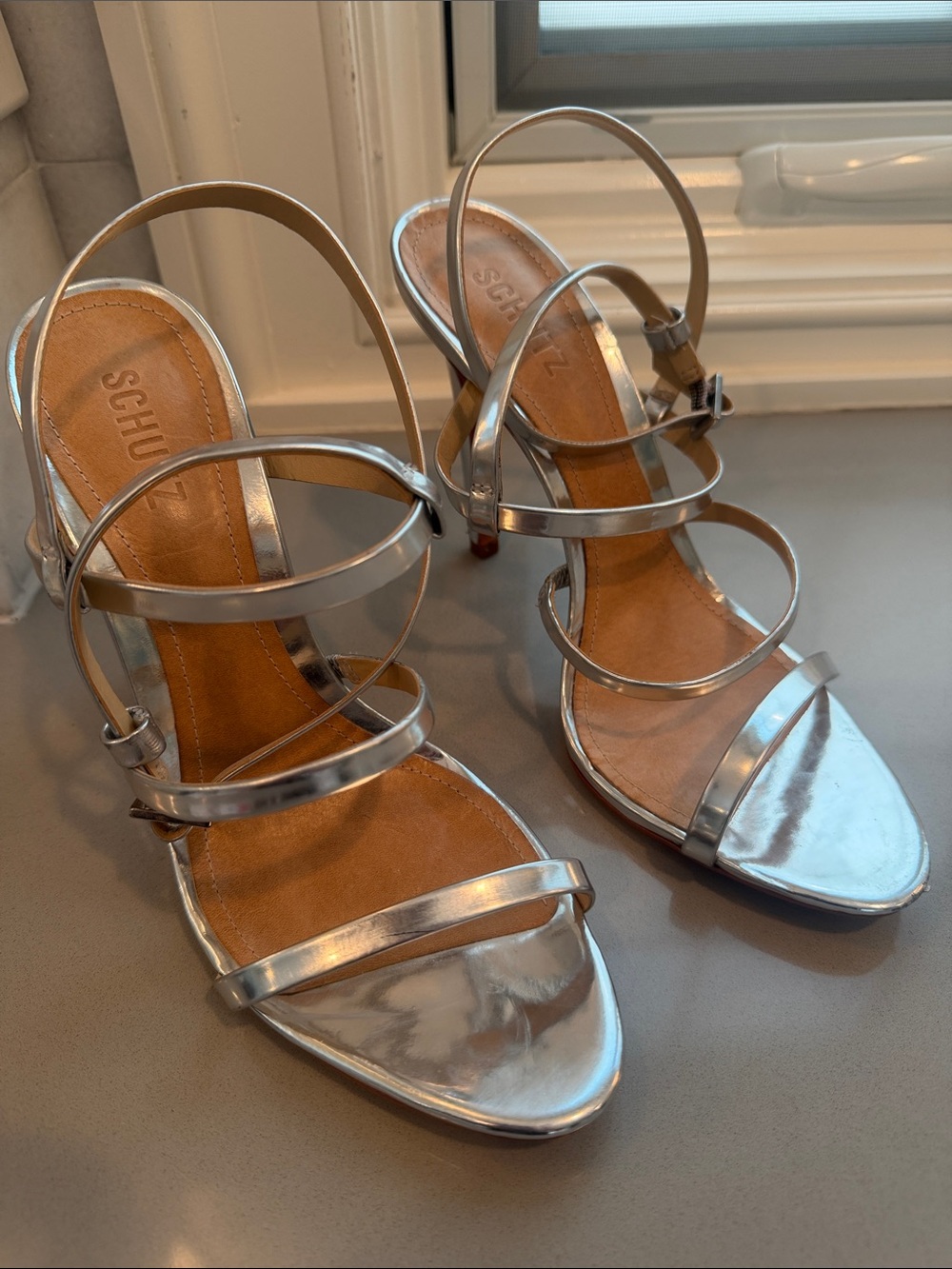Schutz Strappy High Heel Sandals in Silver Size 9.5B
